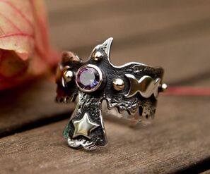 Mystic topaz gold and silver raven ring