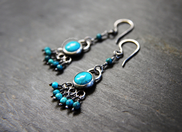 Tiny hand cut Sterling Silver leaping hare earrings with turquoise beads