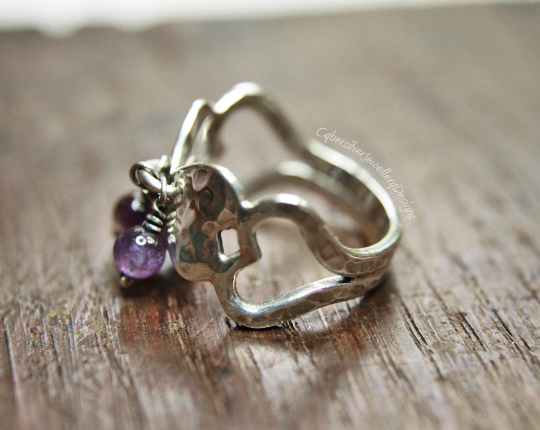 Silver heart ring with amethyst beads