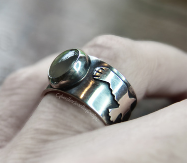 Silver raven and blue moonstone ring