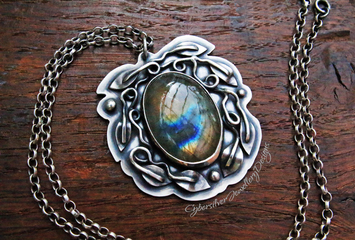 Silver and labradorite leaf and vine pendant necklace