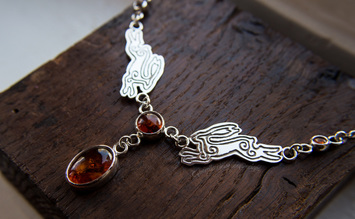 Silver hare and amber handmade necklace