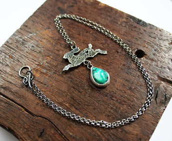 Silver hare and turquoise pendant