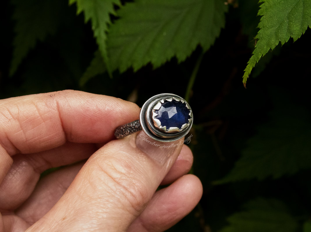 Blue sapphire organic silver ring size Q