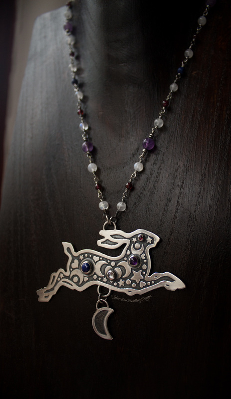 Sterling silver, moonstone, rose quartz and garnet leaping hare pendant necklace