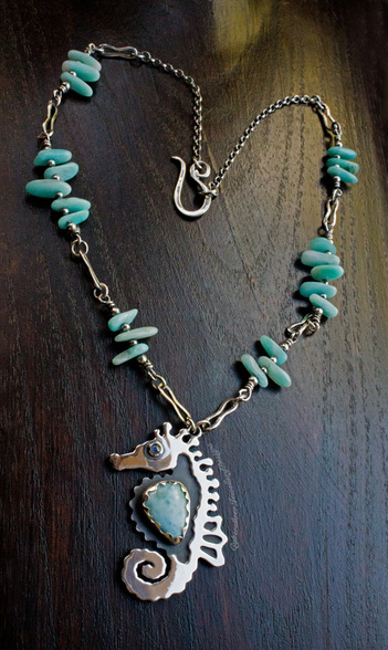 Sterling silver seahorse necklace with larimar and sapphire
