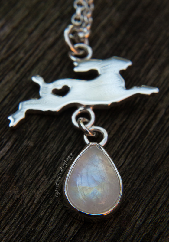 Tiny handmade silver hare and moonstone necklace